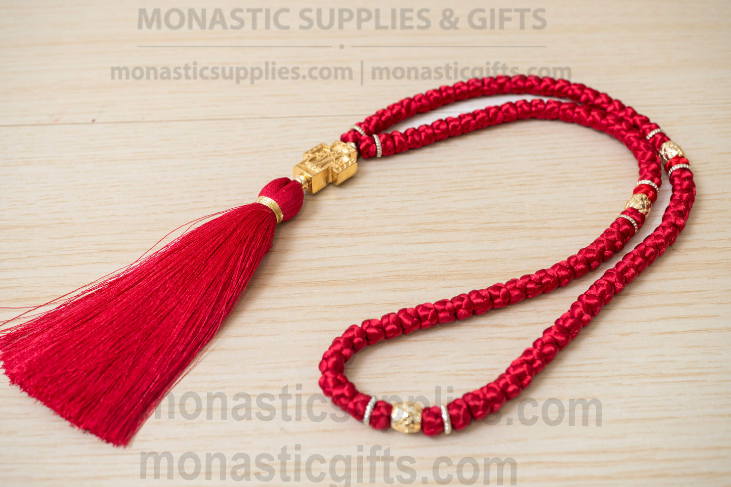 Handcrafted Red Silk Orthodox Prayer Rope 100 Knots with Gold Plated Virgin Mary Cross & Beads (45cm - 17.7in)