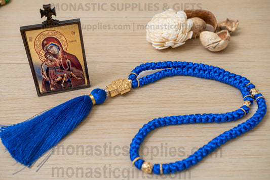 Handcrafted blue silk Orthodox prayer rope komboskini 100 knots with gold-plated Virgin Mary cross measuring 45cm (17.7in) loop length.