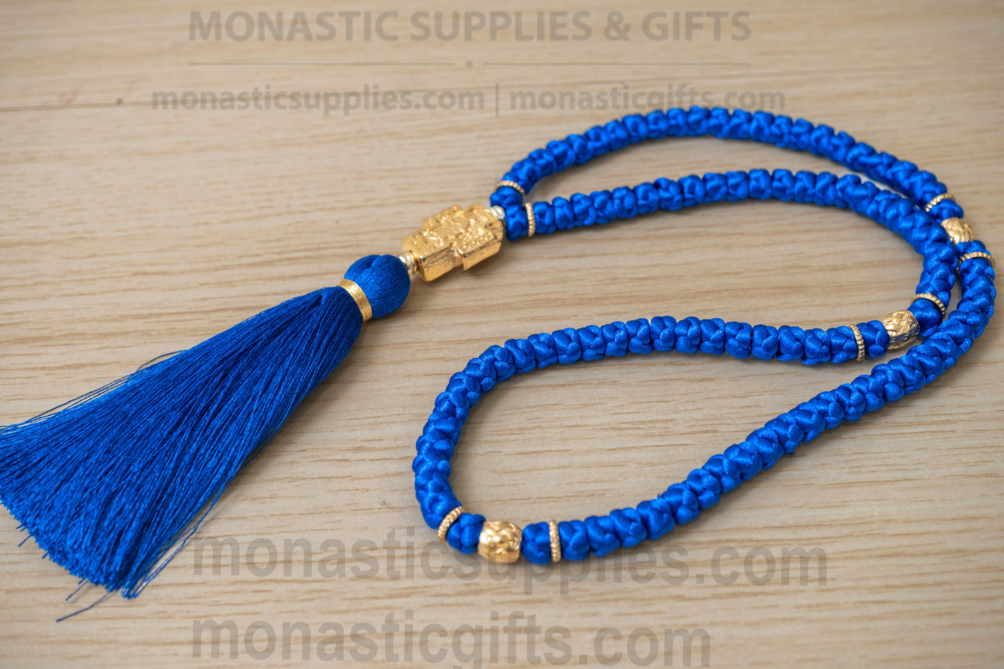 Handcrafted blue silk Orthodox prayer rope komboskini 100 knots with gold-plated Virgin Mary cross measuring 45cm (17.7in) loop length.