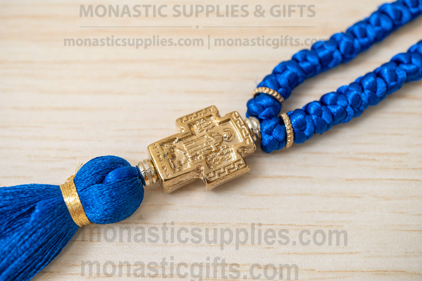 Handcrafted Blue Silk Orthodox Prayer Rope 100 Knots with Gold Plated Virgin Mary Cross & Beads (45cm - 17.7in)