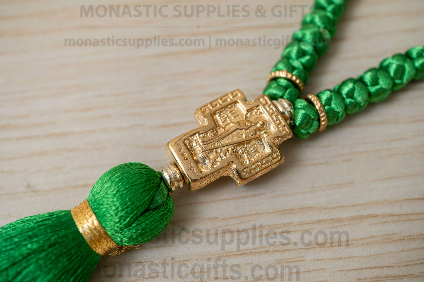 Handcrafted Green Silk Orthodox Prayer Rope 100 Knots with Gold Plated Virgin Mary Cross & Beads (45cm - 17.7in)