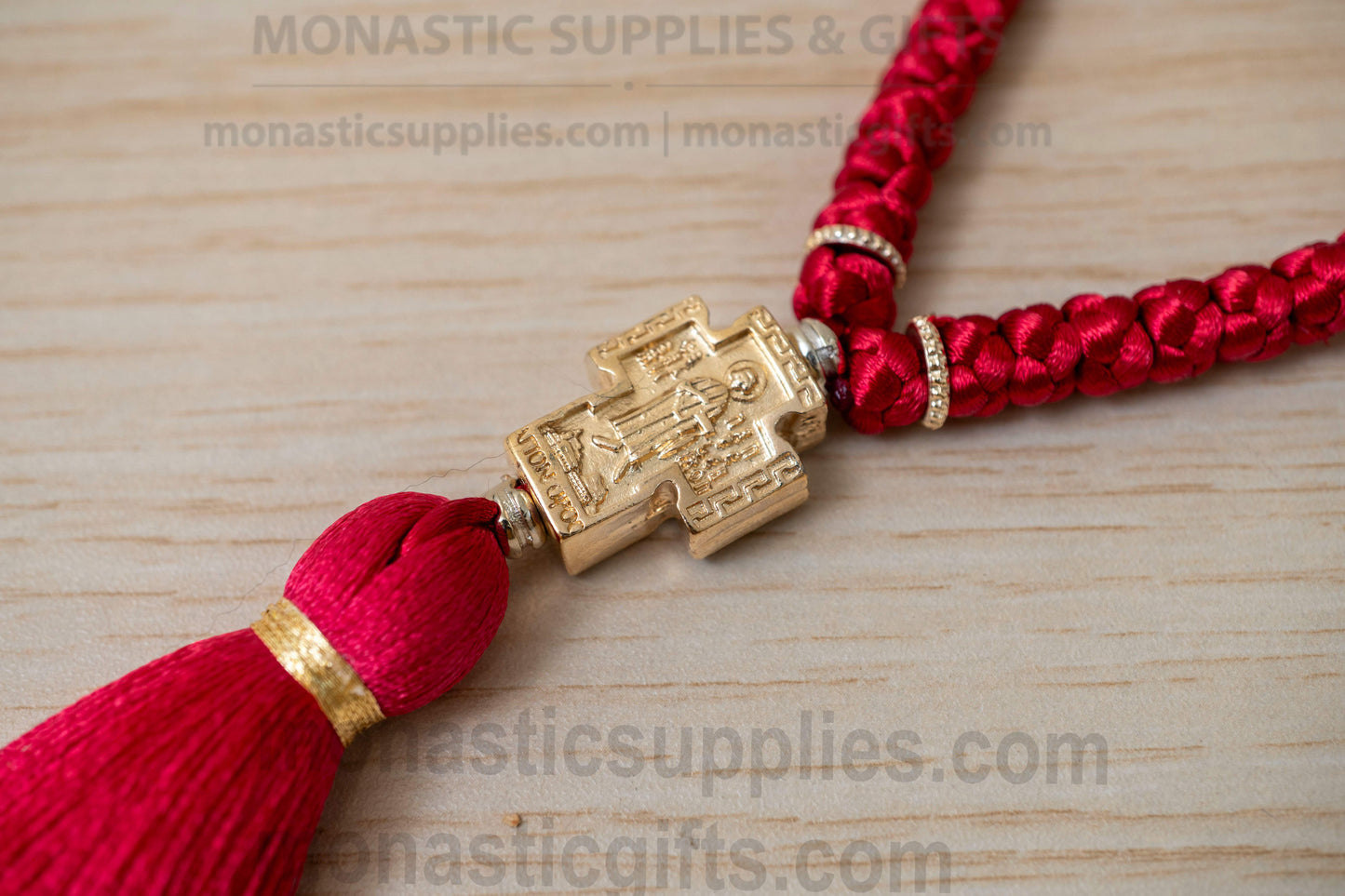 Handcrafted Red Silk Orthodox Prayer Rope 100 Knots with Gold Plated Virgin Mary Cross & Beads (45cm - 17.7in)