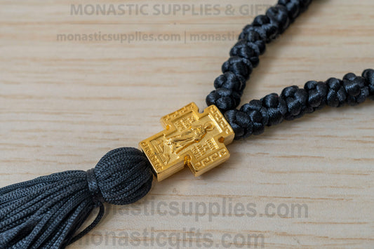 Handcrafted black silk Orthodox prayer rope komboskini 100 knots with gold-plated Virgin Mary cross measuring 45cm (17.7in) loop length.