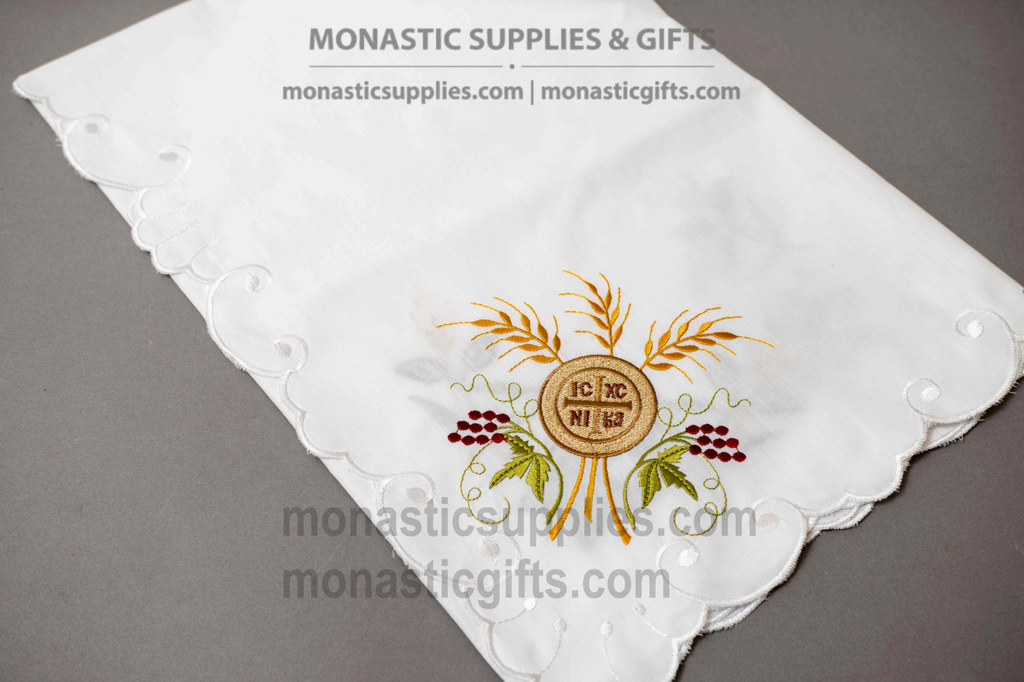 Square Linen Artoklasia Basket Cover Cloth with Embroidered Crosses & Scalloped Edge - 90x90 cm (35.43x35.43 in) - 1 Piece