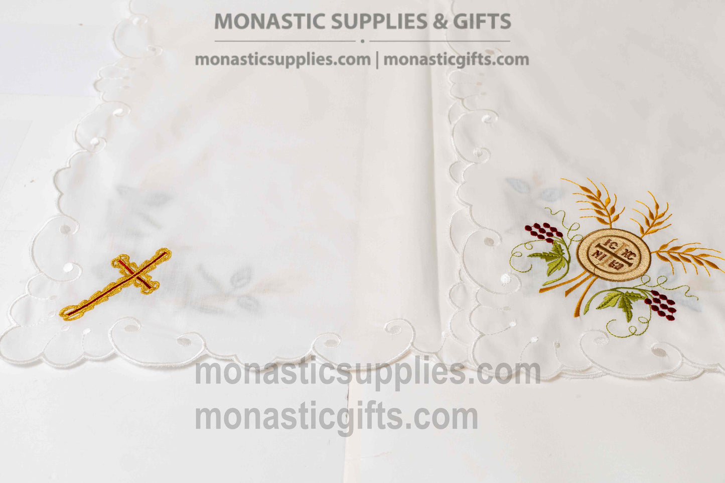 Handcrafted square linen Artoklasia basket cover cloth with embroidered crosses and scalloped cutwork edge 90x90 cm (35.43x35.43 in) made in Greece (1 piece)