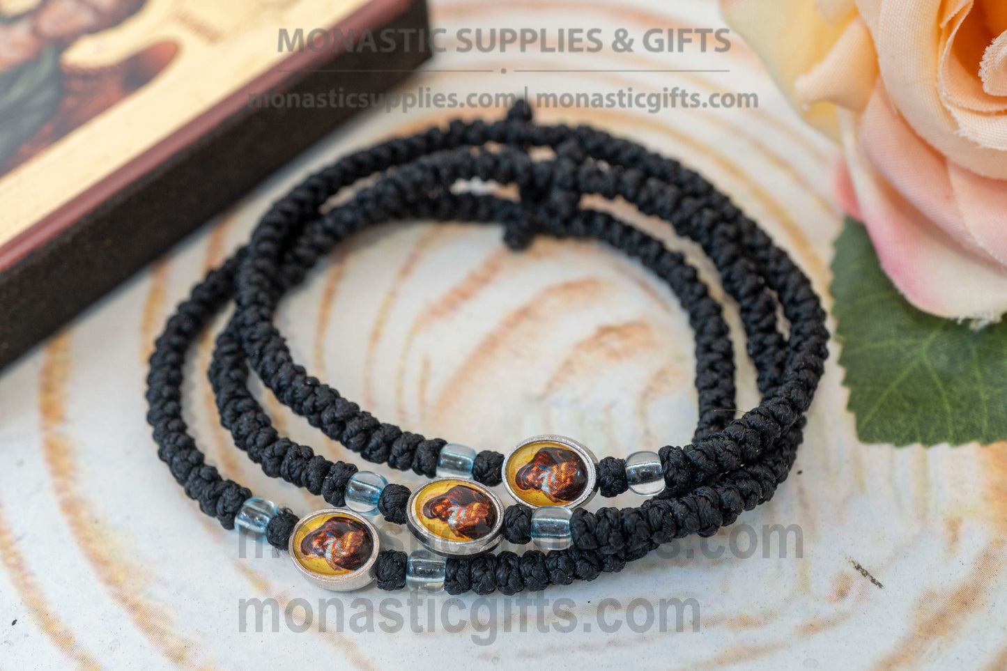Handcrafted Orthodox black waxed cord 33 knot prayer rope bracelet with tiny Virgin Mary icon medallion