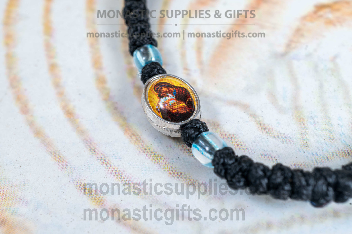 Handcrafted Orthodox black waxed cord 33 knot prayer rope bracelet with tiny Virgin Mary icon medallion