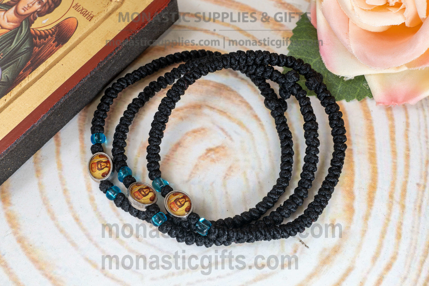 Handcrafted Orthodox black waxed cord 33 knot prayer rope bracelet with tiny Archangel Michael icon medallion and blue beads