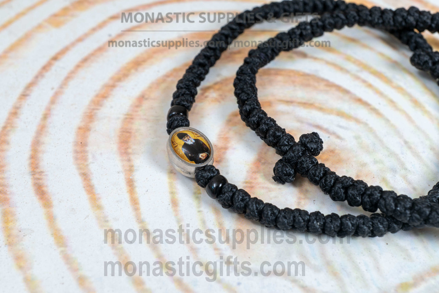 Prayer Rope with Tiny Icon Saint Paisios - Waxed 33 Knots Handcrafted Orthodox Black Komboskini Bracelet