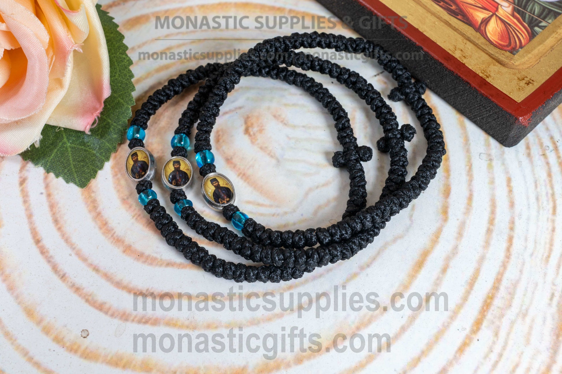 Handcrafted Orthodox black waxed cord 33 knot prayer rope bracelet with tiny Saint Ephraim icon medallion and knotted cross