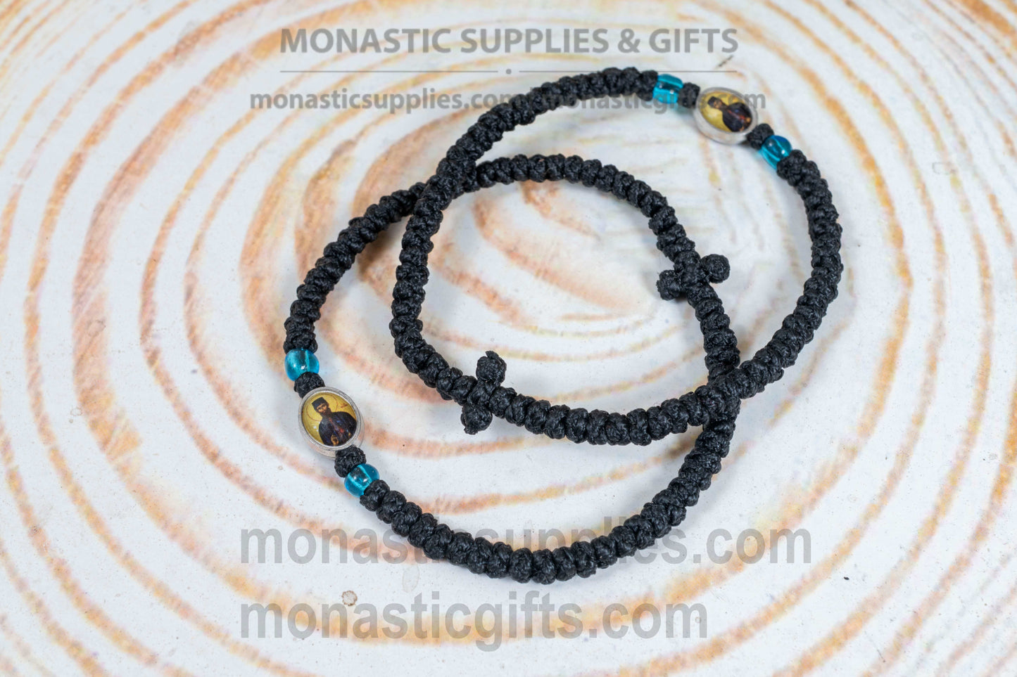 Handcrafted Orthodox black waxed cord 33 knot prayer rope bracelet with tiny Saint Ephraim icon medallion and knotted cross