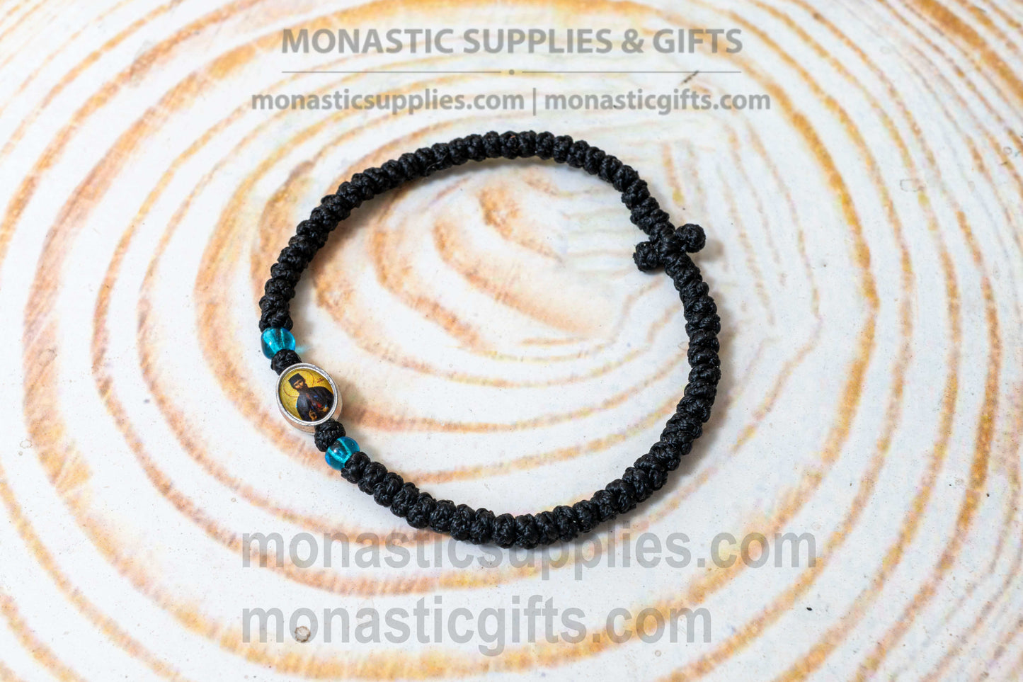 Handcrafted Orthodox black waxed cord 33 knot prayer rope bracelet with tiny Saint Ephraim icon medallion and knotted cross