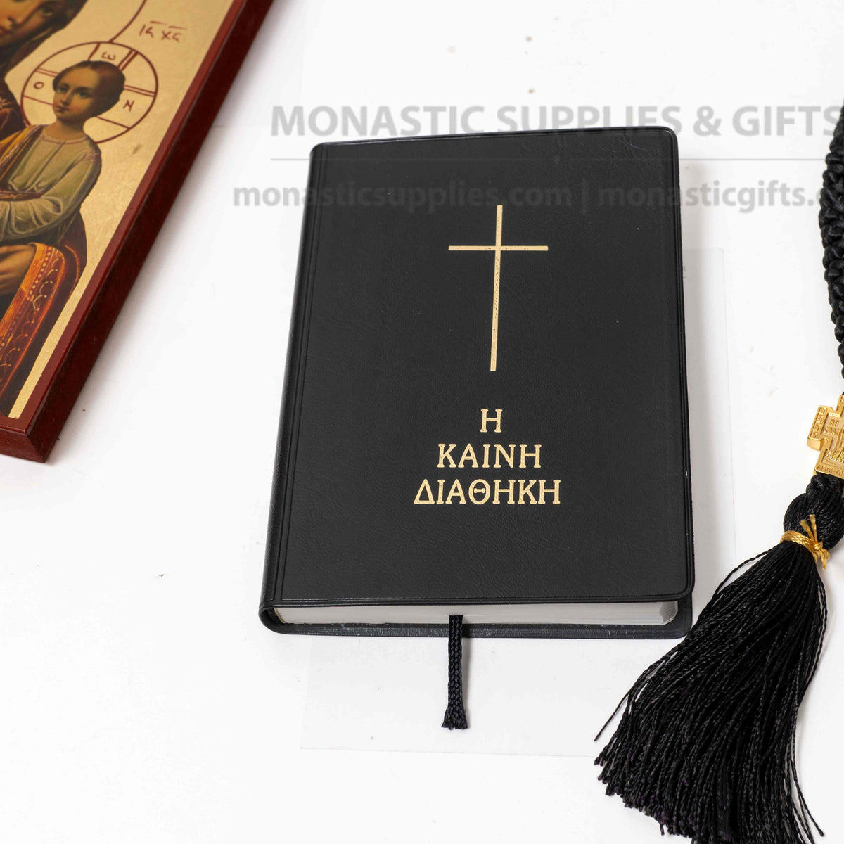 Pocket New Testament 1 piece translated into modern Demotic Greek with black hardcover and gold foil cross printed in Greece