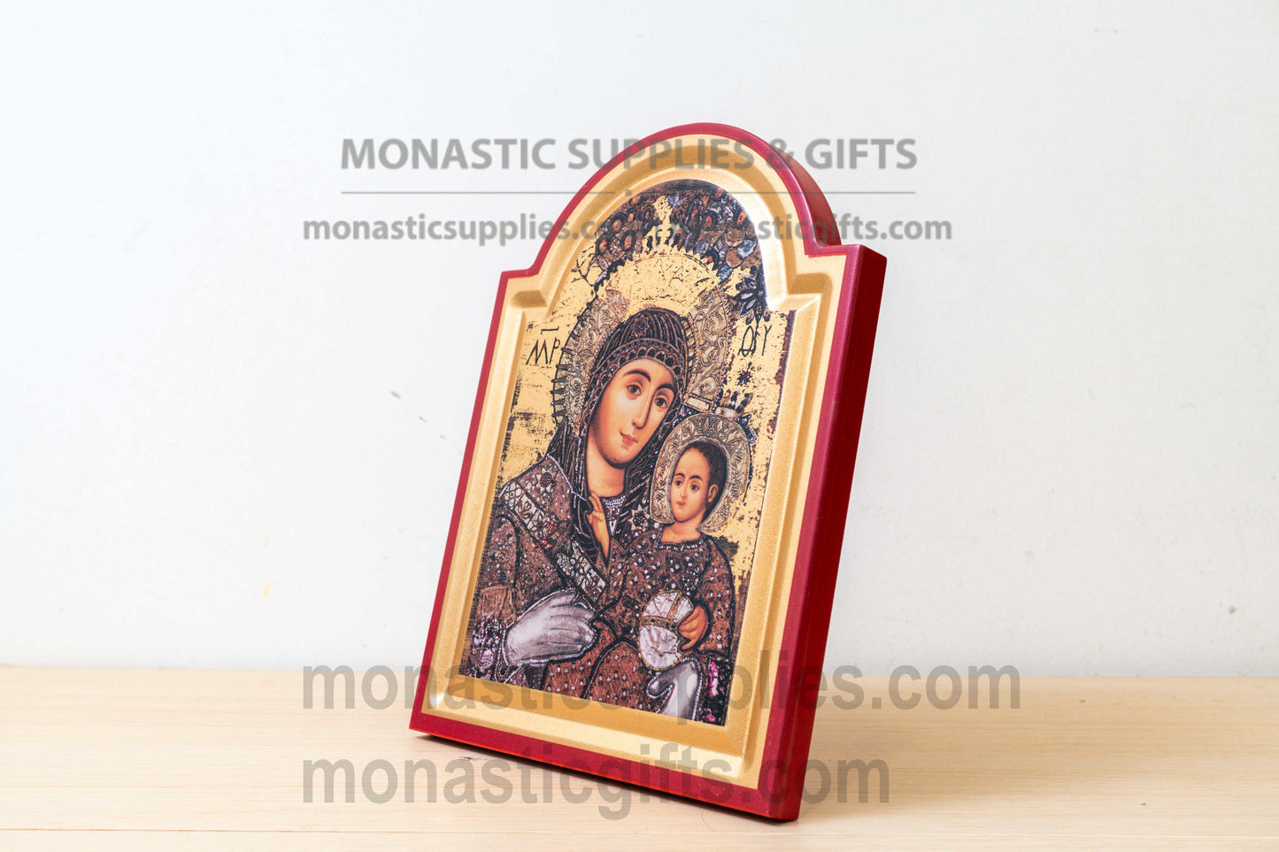 Virgin Mary of Bethlehem Arched Wooden Icon Wall Hanging or Tabletop Base Silk Canvas