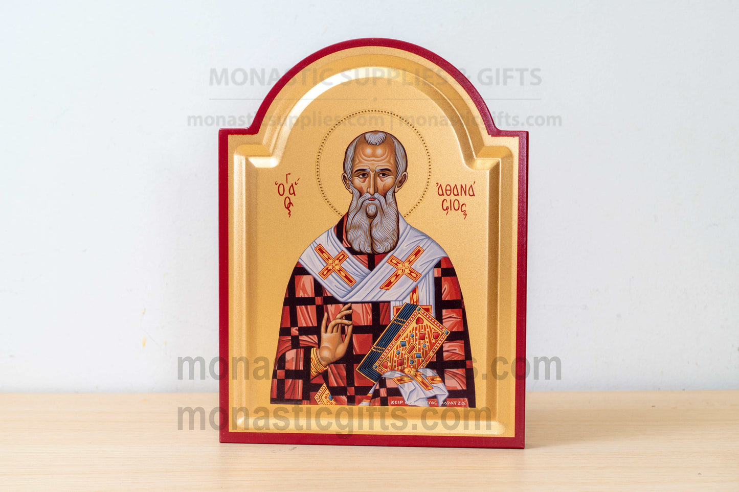 St. Athanasius Arched Wooden Icon Wall Hanging or Tabletop Base Silk Canvas