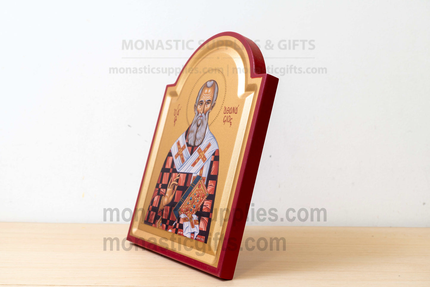 St. Athanasius Arched Wooden Icon Wall Hanging or Tabletop Base Silk Canvas