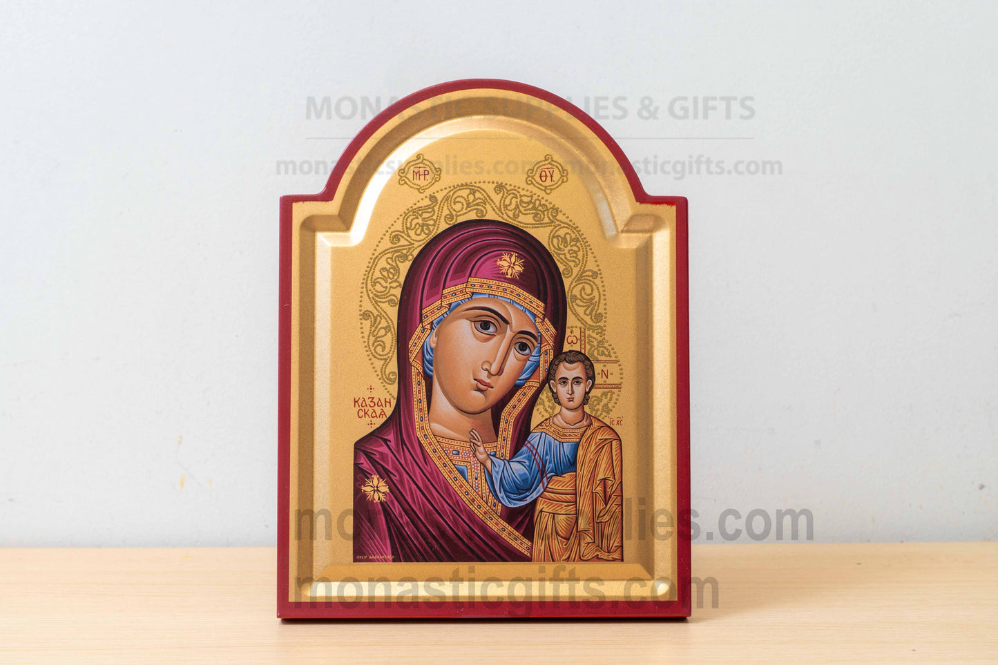 Virgin Mary of Kazan Arched Wooden Icon Wall Hanging or Tabletop Base Silk Canvas