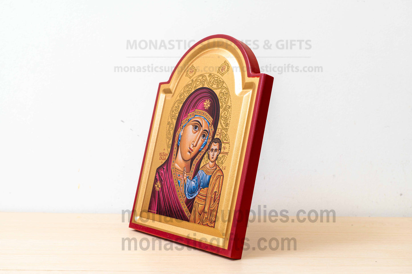 Virgin Mary of Kazan Arched Wooden Icon Wall Hanging or Tabletop Base Silk Canvas