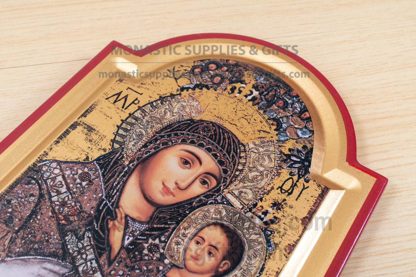 Virgin Mary of Bethlehem Arched Wooden Icon Wall Hanging or Tabletop Base Silk Canvas