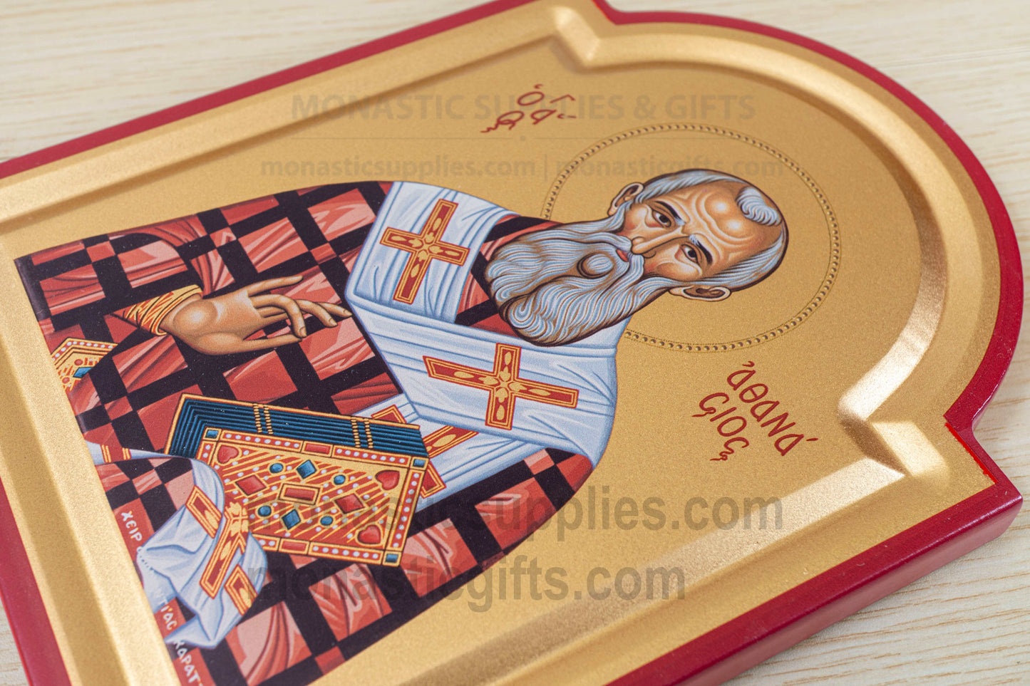 St. Athanasius Arched Wooden Icon Wall Hanging or Tabletop Base Silk Canvas