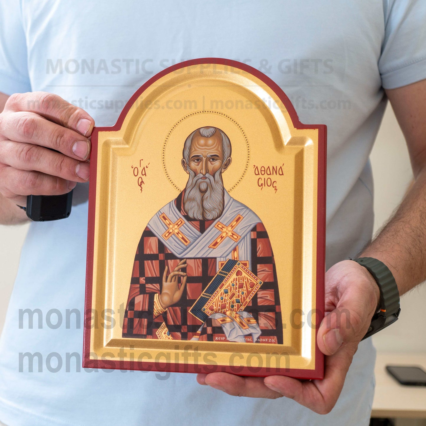 St. Athanasius Arched Wooden Icon Wall Hanging or Tabletop Base Silk Canvas