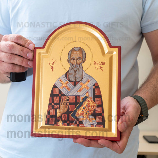 St. Athanasius Arched Wooden Icon Wall Hanging or Tabletop Base Silk Canvas