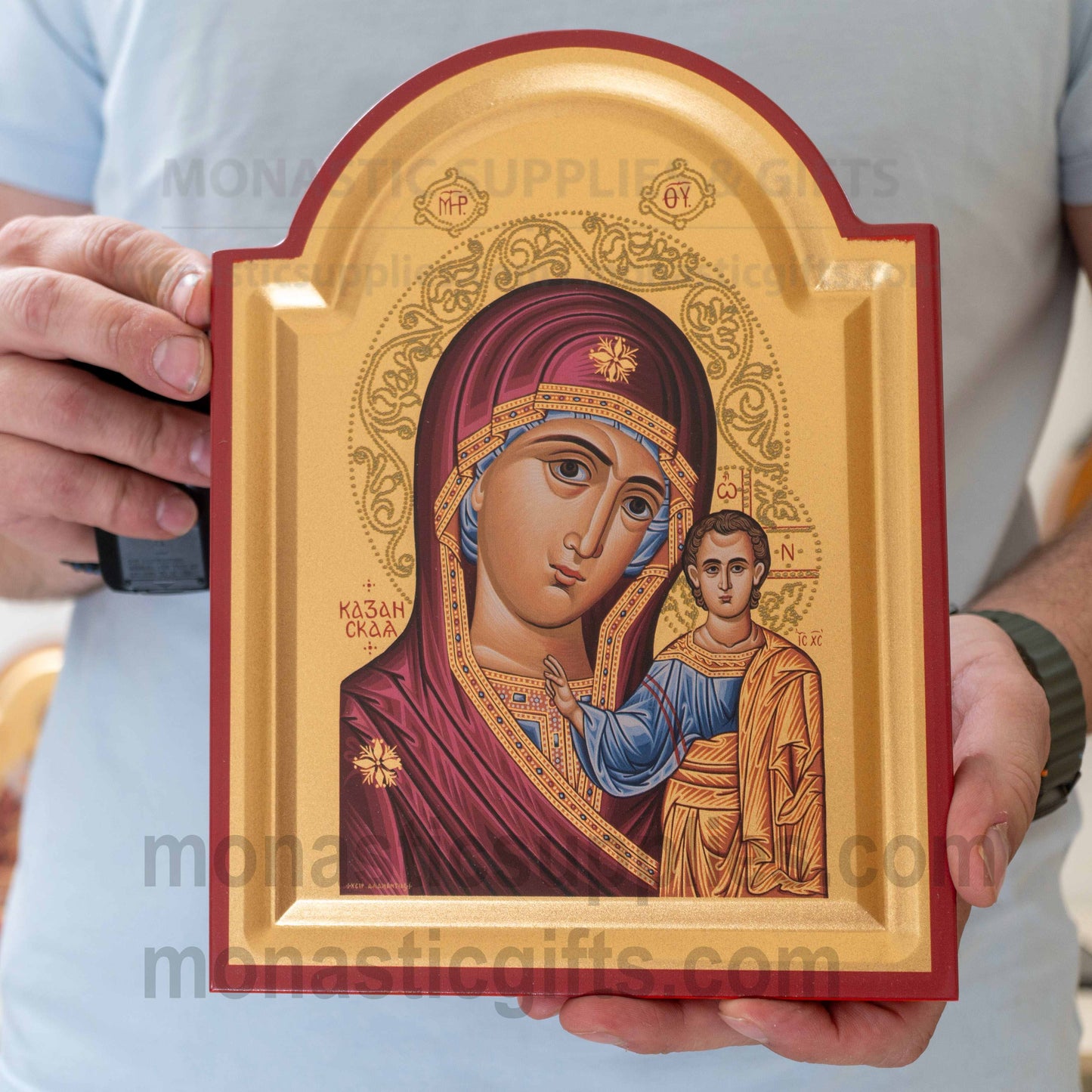 Virgin Mary of Kazan Arched Wooden Icon Wall Hanging or Tabletop Silk Canvas