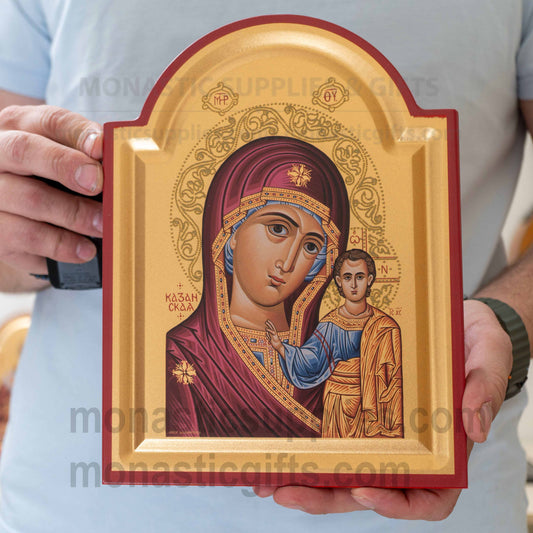 Virgin Mary of Kazan Arched Wooden Icon Wall Hanging or Tabletop Silk Canvas