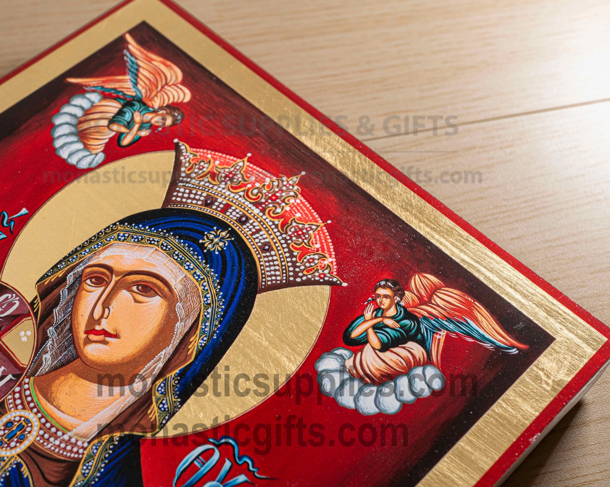 Handcrafted Orthodox gold leaf canvas icon of Virgin Mary the Queen patron of protection and comfort on solid wooden panel