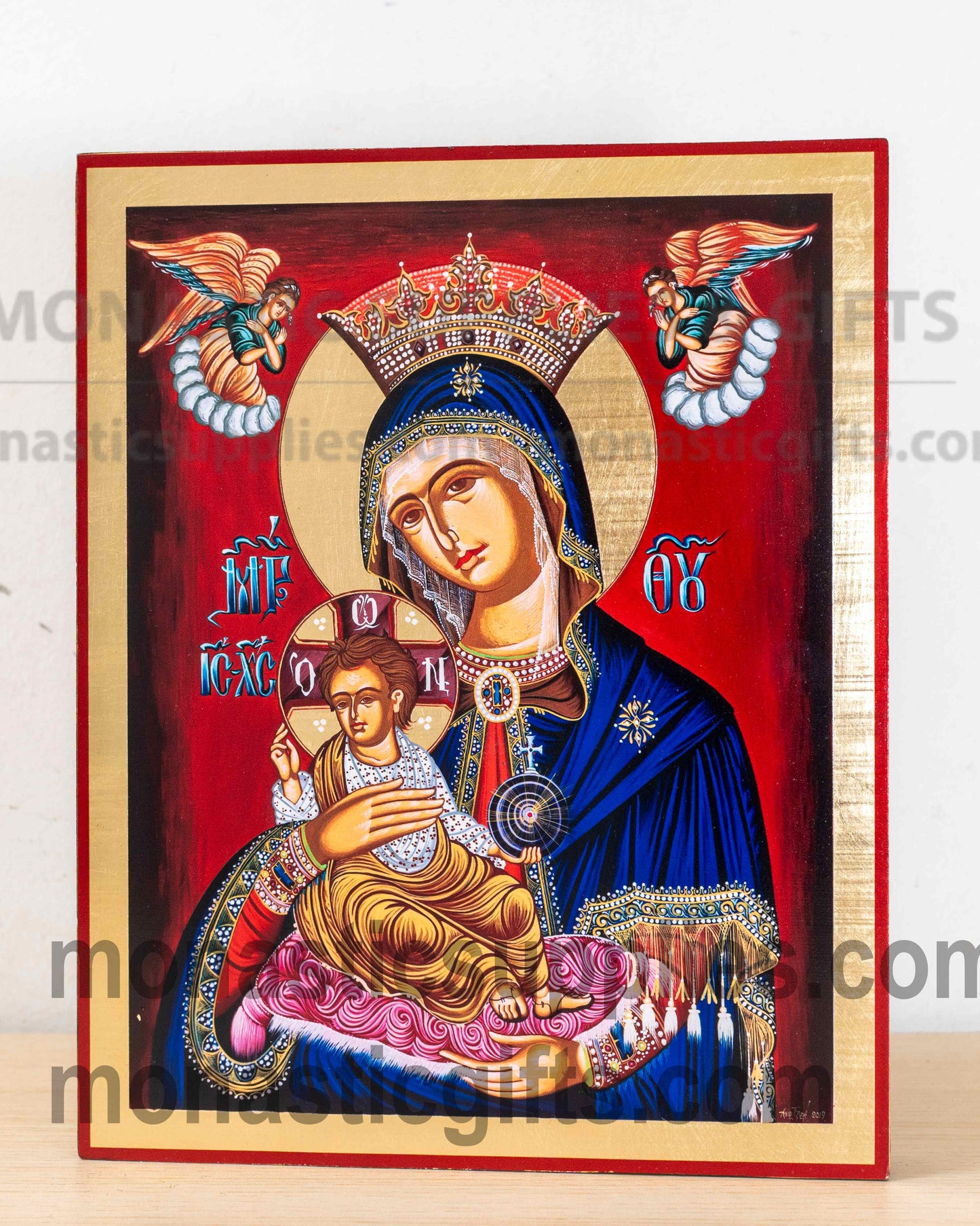 Handcrafted Orthodox gold leaf canvas icon of Virgin Mary the Queen patron of protection and comfort on solid wooden panel
