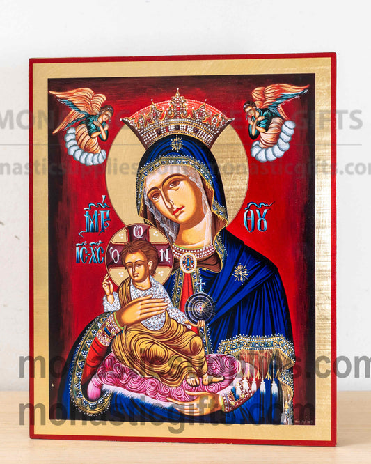 Handcrafted Orthodox gold leaf canvas icon of Virgin Mary the Queen patron of protection and comfort on solid wooden panel