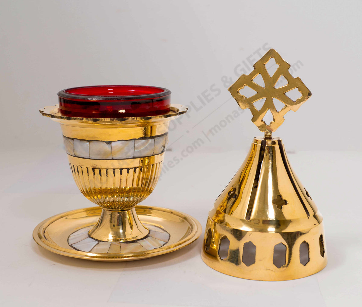 Brass Vigil Lamp Standing Mother of Pearl