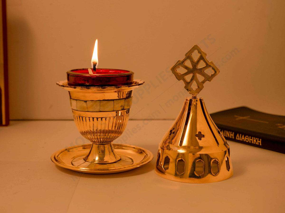Brass Vigil Lamp Standing Mother of Pearl