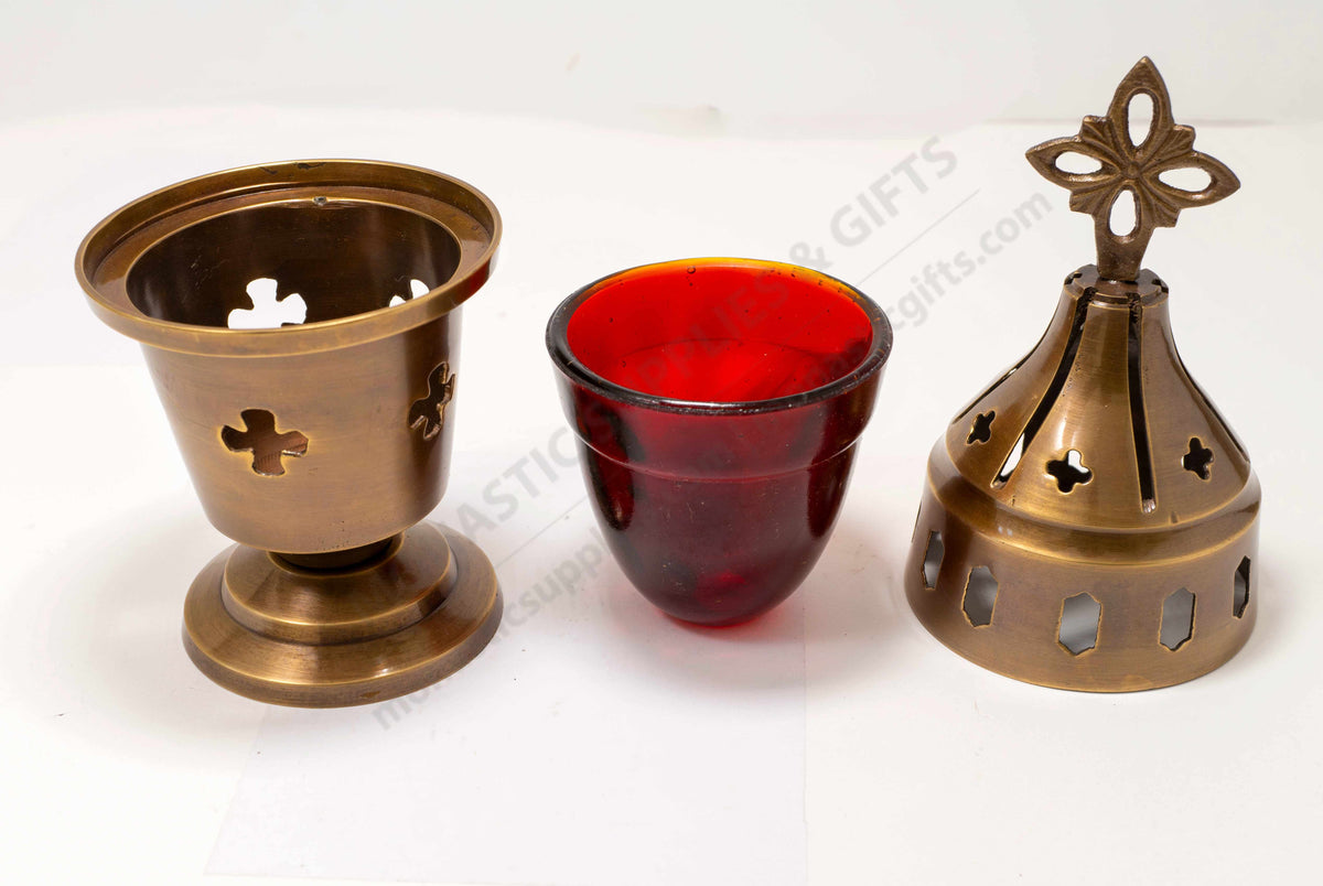 Solid brass standing vigil lamp in antique bronze patina with cross cutouts lid and red heat resistant glass cup