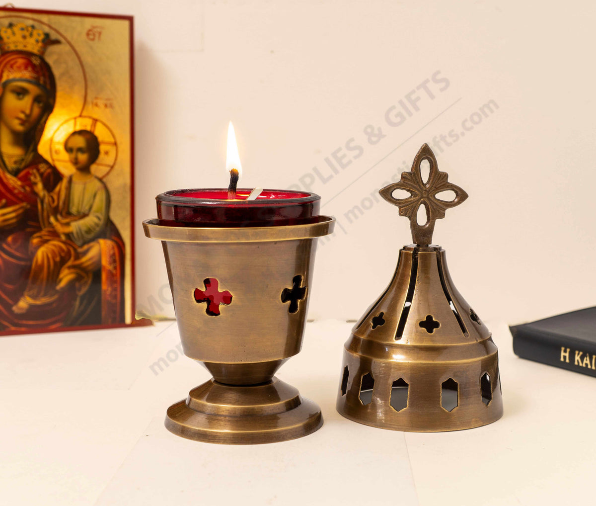 Solid brass standing vigil lamp in antique bronze patina with cross cutouts lid and red heat resistant glass cup