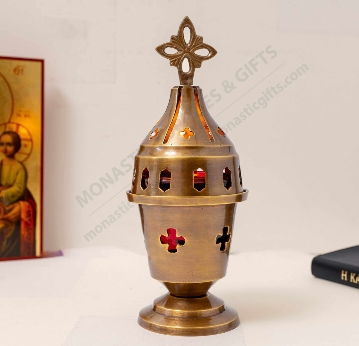 Solid brass standing vigil lamp in antique bronze patina with cross cutouts lid and red heat resistant glass cup