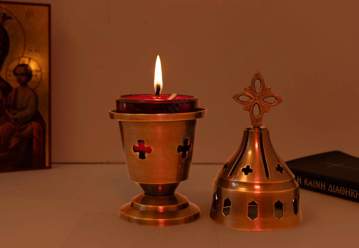 Solid brass standing vigil lamp in antique bronze patina with cross cutouts lid and red heat resistant glass cup