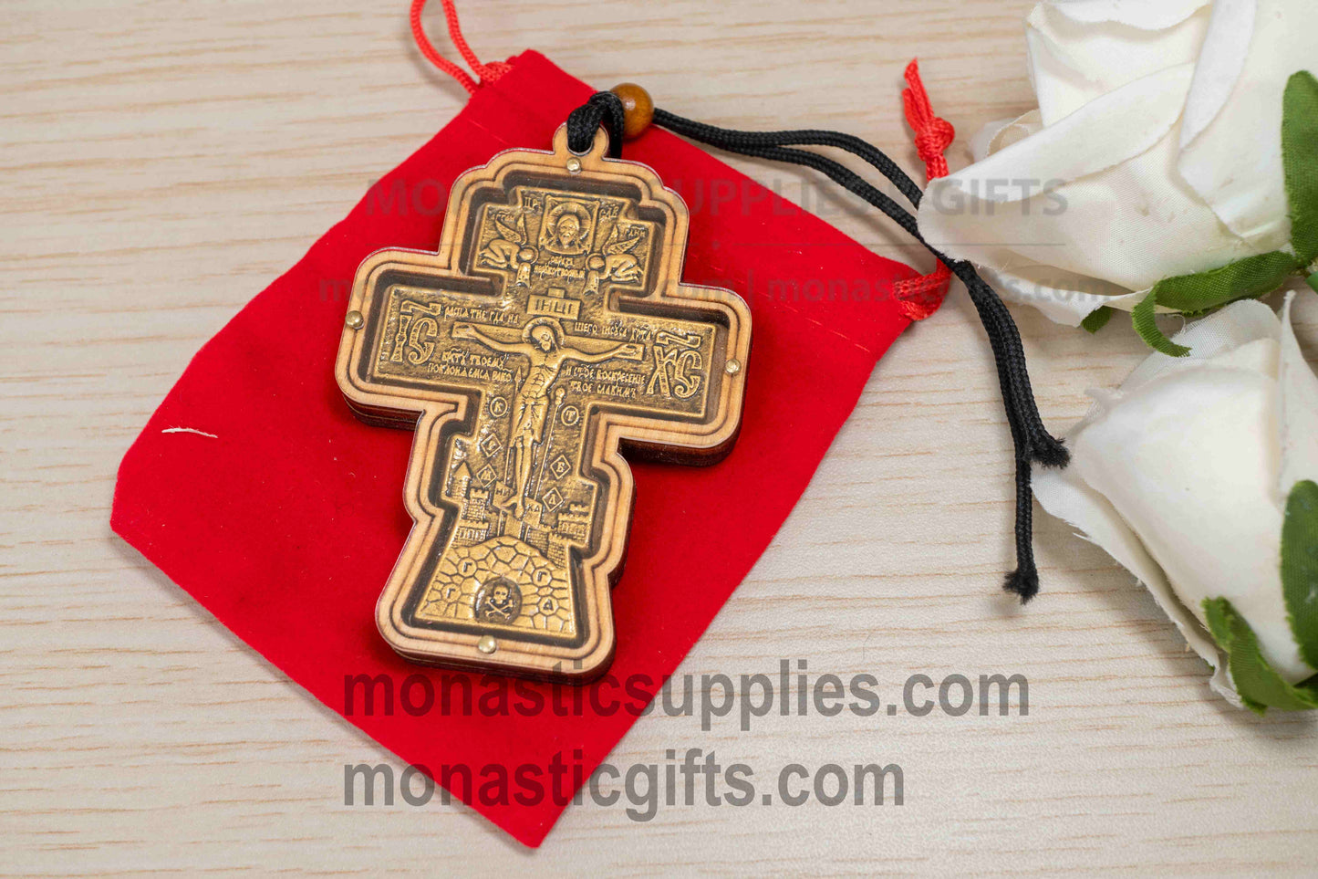 Jesus Christ Crucifixion Wooden Cross Car -Amulet Charm, Orthodox Byzantine Hanging Car Mirror Protection Cross with Velvet Gift Pouch