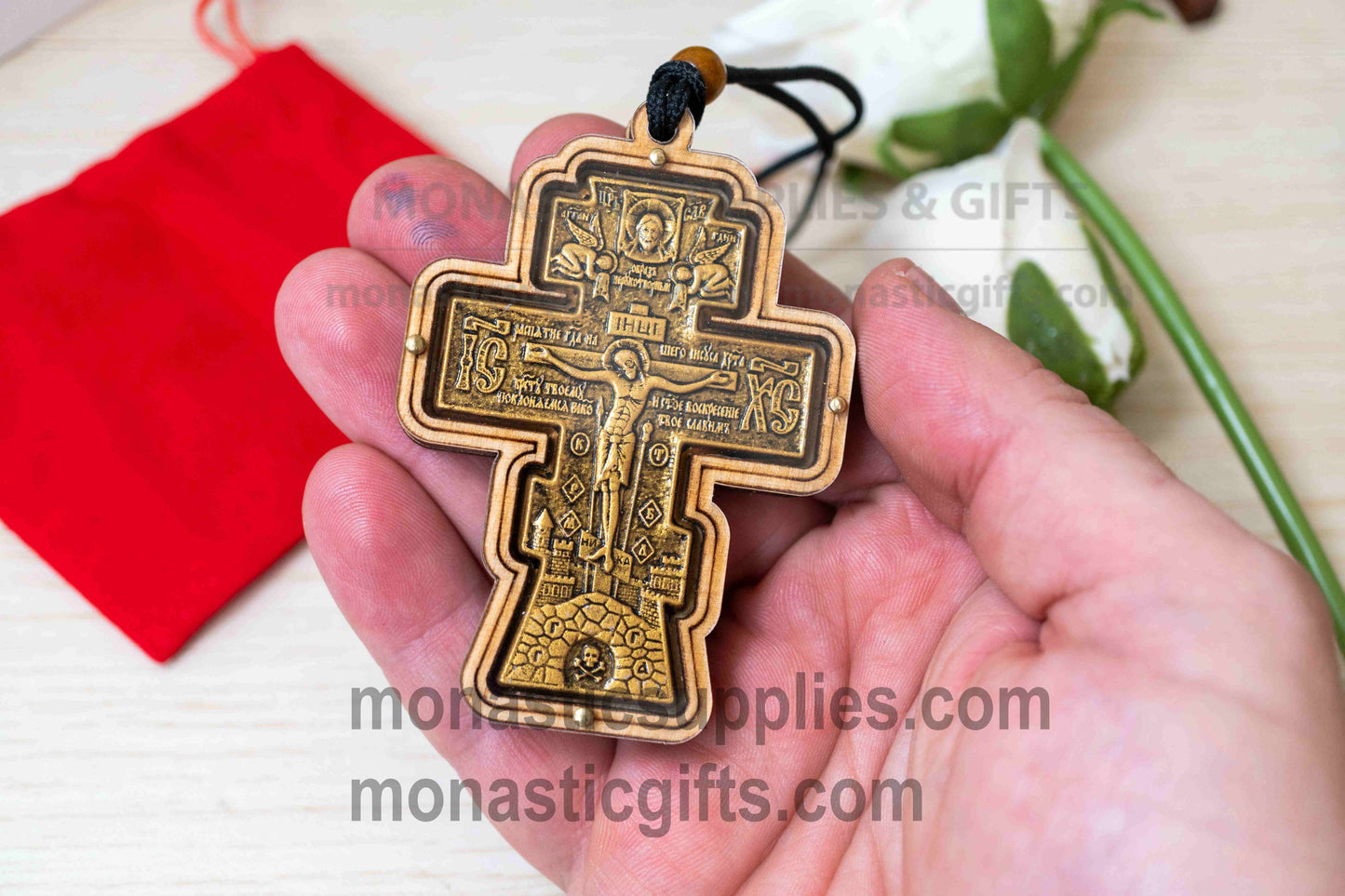 Handmade Byzantine Orthodox wooden cross car mirror charm with detailed metal icon insert of Jesus Christ's Crucifixion. 