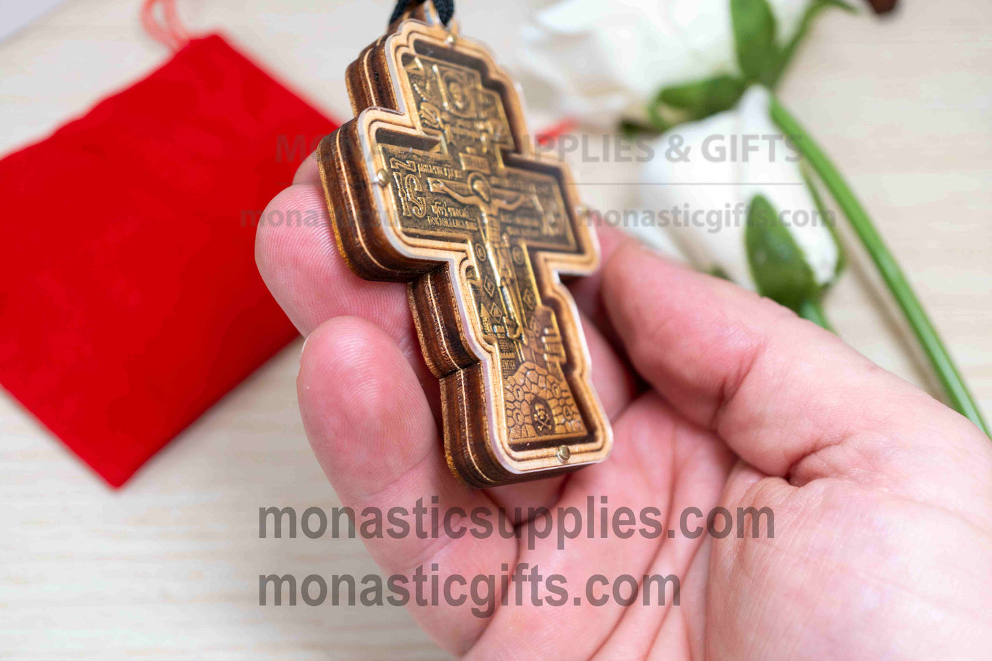 Jesus Christ Crucifixion Wooden Cross Car -Amulet Charm, Orthodox Byzantine Hanging Car Mirror Protection Cross with Velvet Gift Pouch