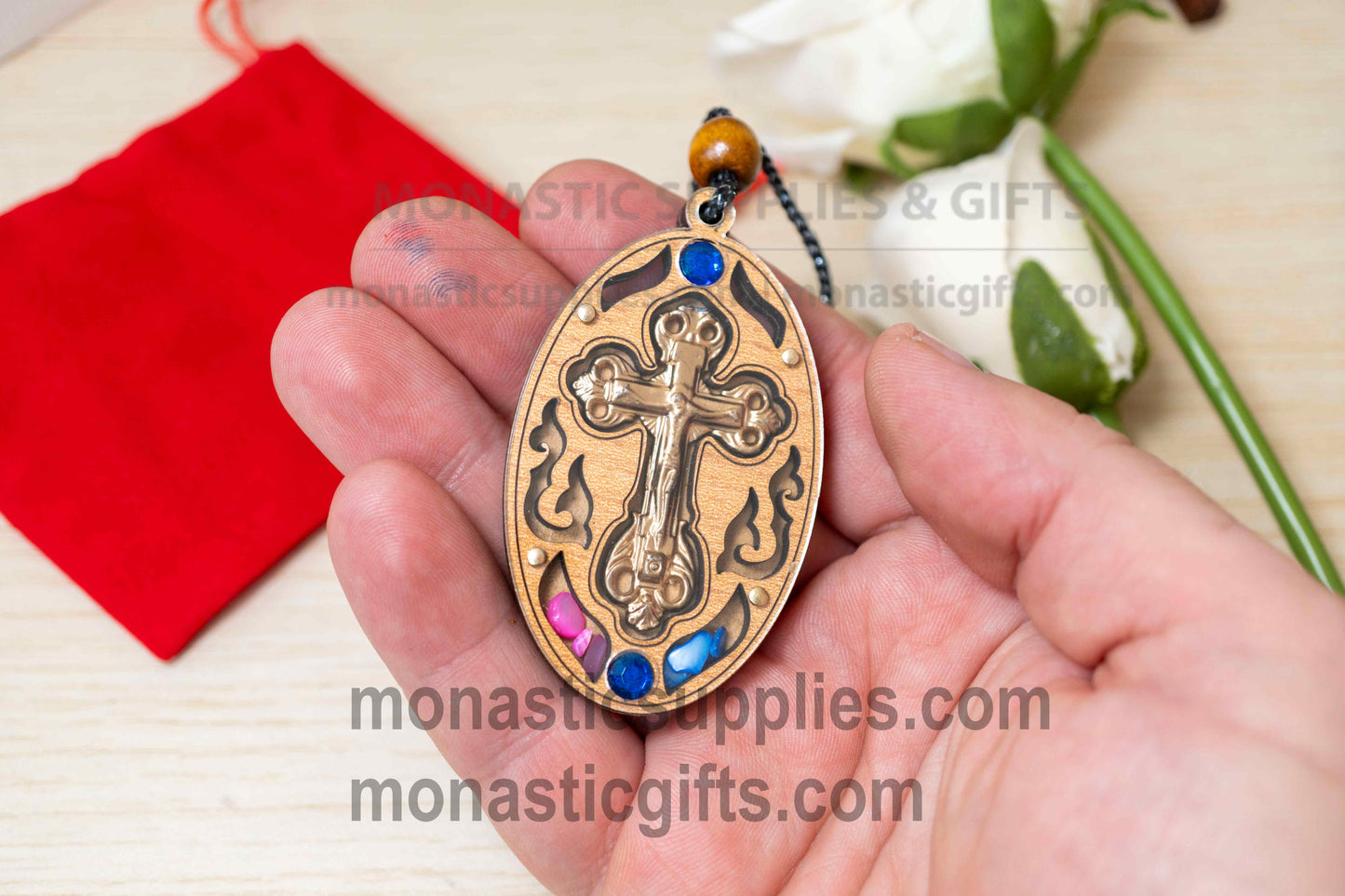 Orthodox Oval Wooden Cross Protection Amulet & Car Charm (Gold & Silver)