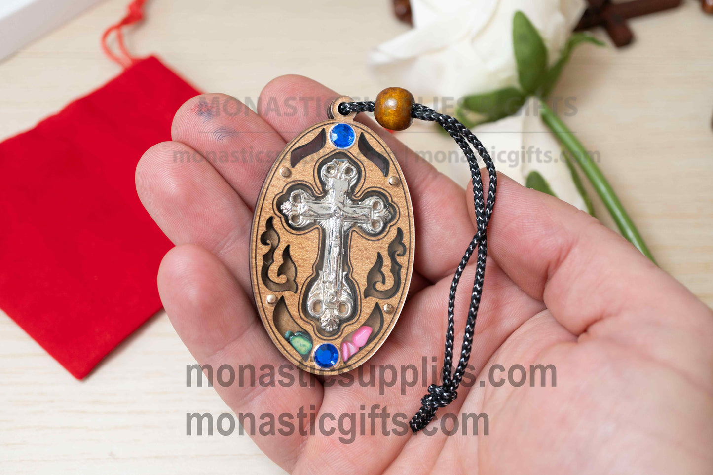 Orthodox Oval Wooden Cross Protection Amulet & Car Hanging Charm with Colorful Stones, Handmade Blessing Pendant in Gold or Silver with Velvet Gift Pouch