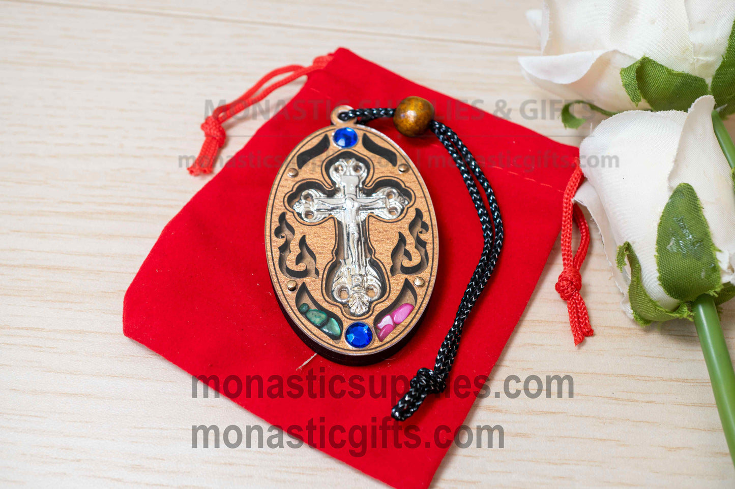 Orthodox Oval Wooden Cross Protection Amulet & Car Hanging Charm with Colorful Stones, Handmade Blessing Pendant in Gold or Silver with Velvet Gift Pouch