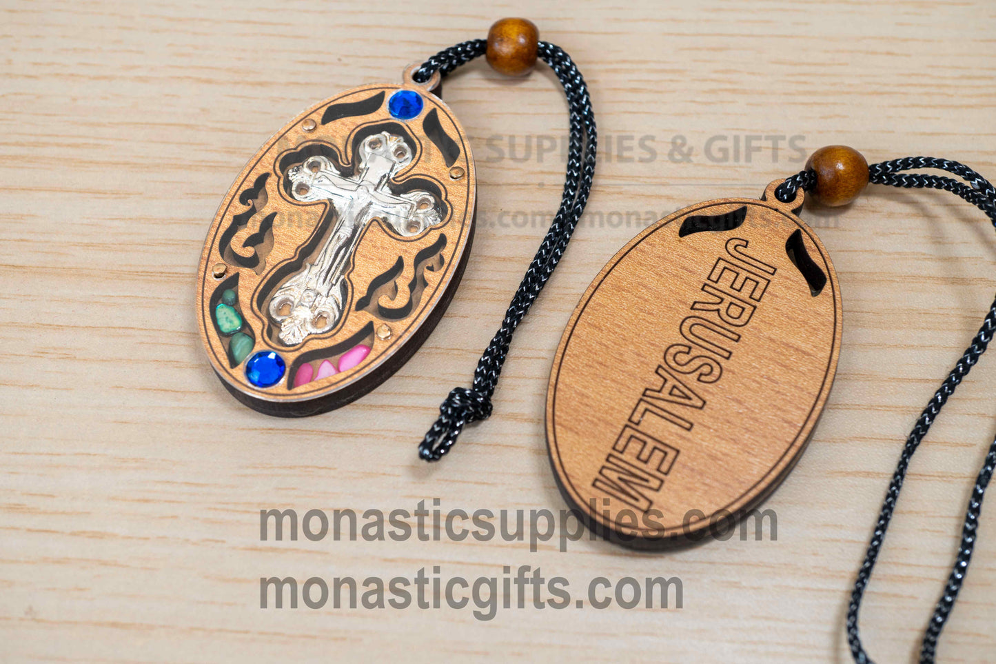 Orthodox Oval Wooden Cross Protection Amulet & Car Hanging Charm with Colorful Stones, Handmade Blessing Pendant in Gold or Silver with Velvet Gift Pouch