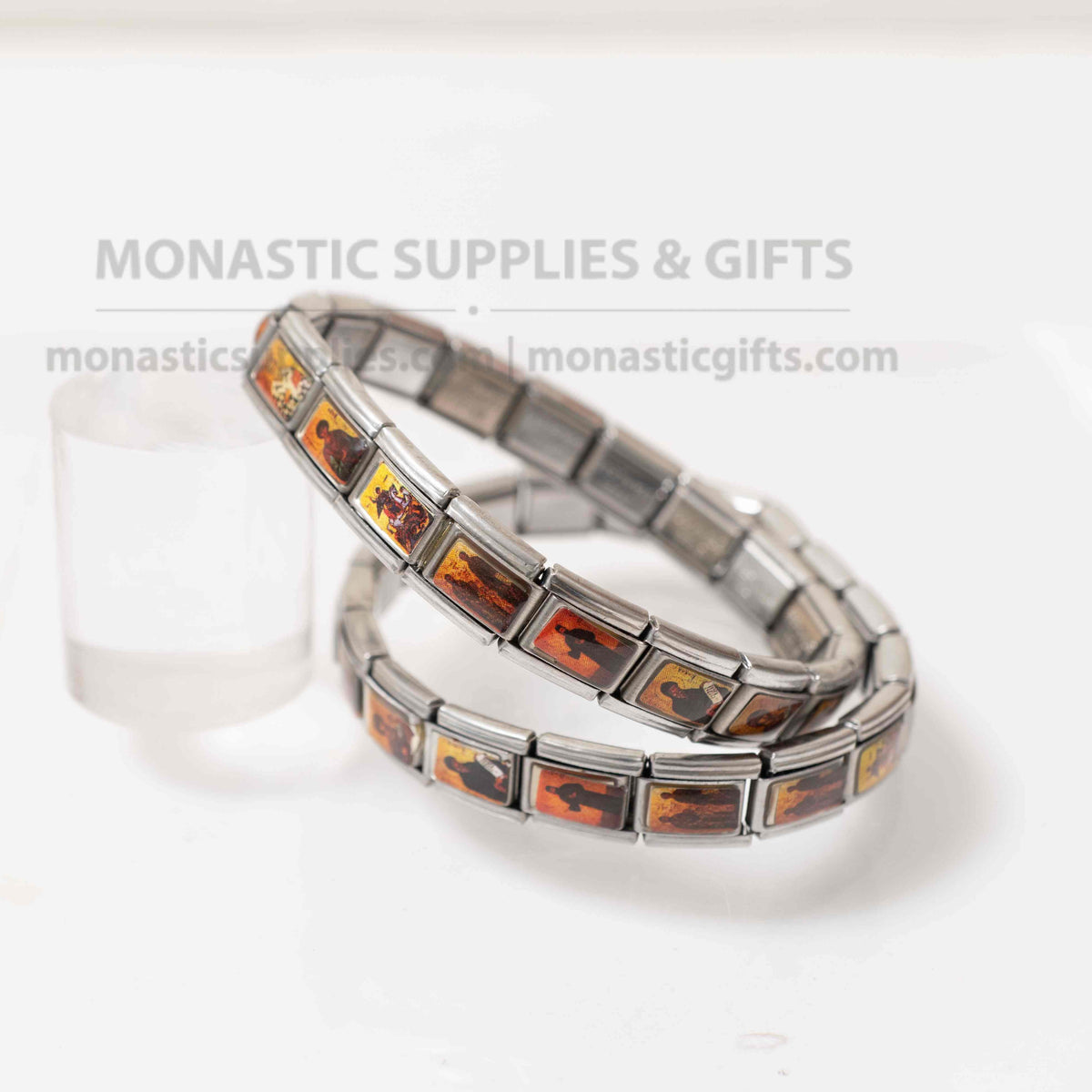 Stainless steel stretch bracelet 1 piece with Orthodox saints byzantine miniature icons expandable band made in Greece