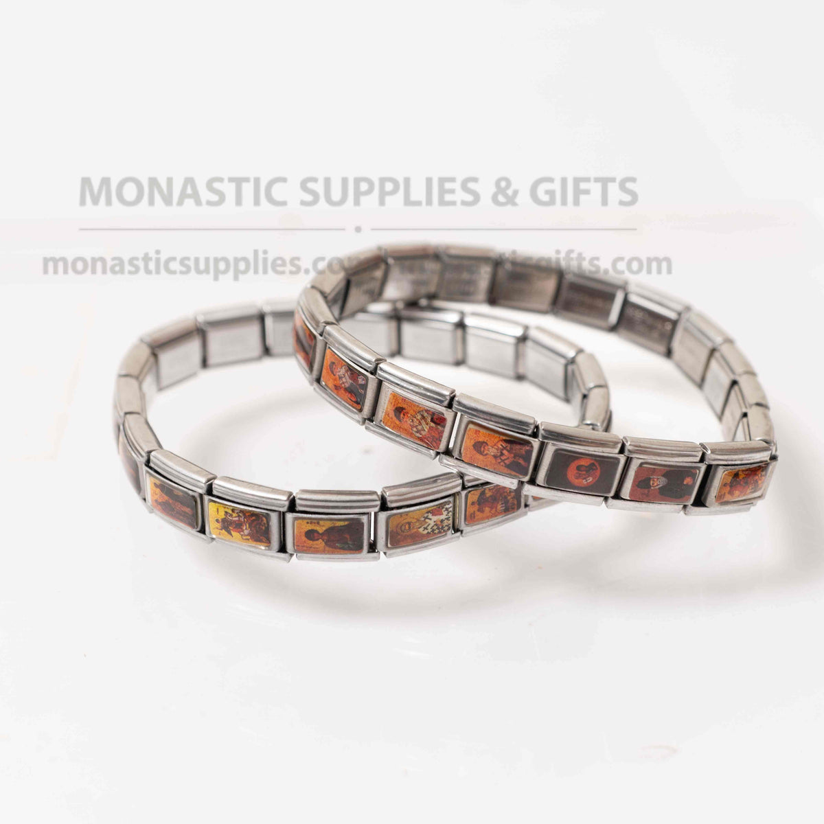 Stainless steel stretch bracelet 1 piece with Orthodox saints byzantine miniature icons expandable band made in Greece