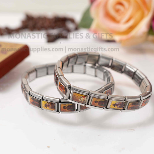 Stainless steel stretch bracelet 1 piece with Orthodox saints byzantine miniature icons expandable band made in Greece
