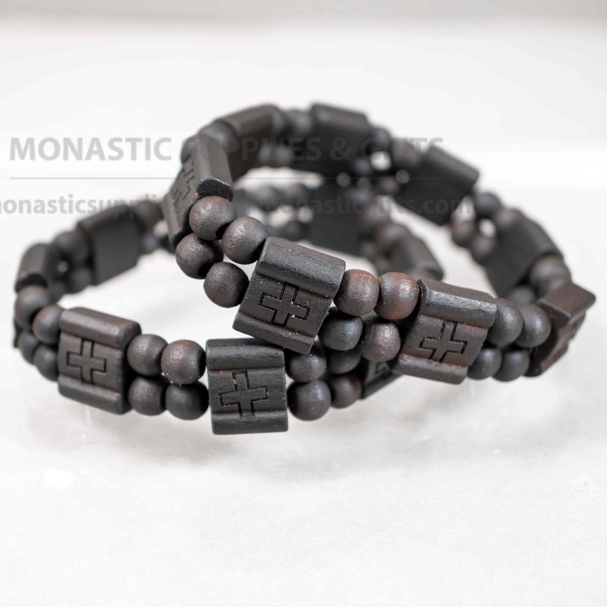 Hand-carved wooden stretch bracelet 1 piece with Orthodox cross plaques and round wood beads in dark walnut finish made in Greece