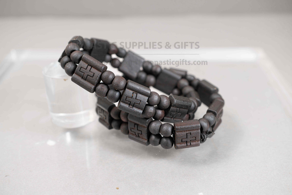 Hand-Carved Wooden Stretch Bracelet with Orthodox Cross Plaques in Dark Walnut Finish - Elastic Wristband - 1 Piece