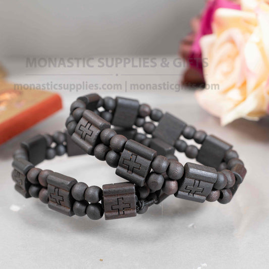 Hand-carved wooden stretch bracelet 1 piece with Orthodox cross plaques and round wood beads in dark walnut finish made in Greece